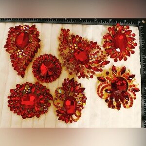 Lot of 7 Red Rhinestone Statement Brooch Pins Gold Tone Costume Jewelry